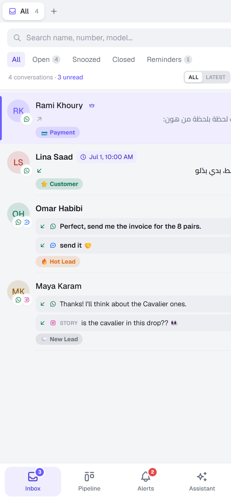 The chater360 mobile inbox, listing WhatsApp and Instagram conversations with tags like Customer, Hot Lead and New Lead.